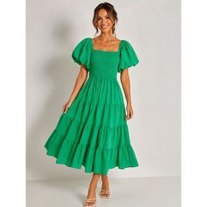Petal And Pup Green Puff-Sleeve Smocked Tiered Lined Midi Dress XL NWT